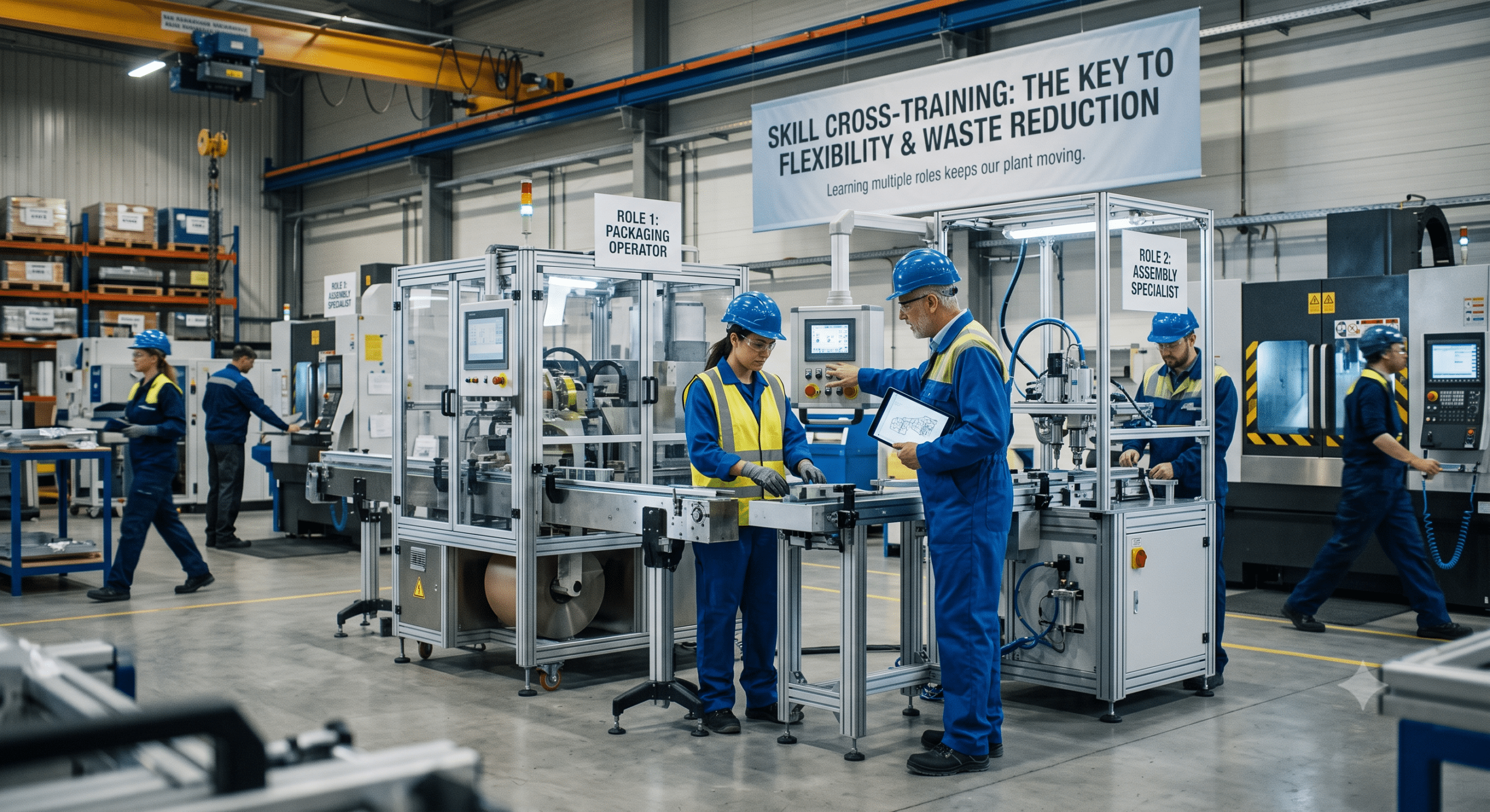 Manufacturing employees participating in skill cross-training to improve workforce productivity, operational flexibility, and production efficiency.