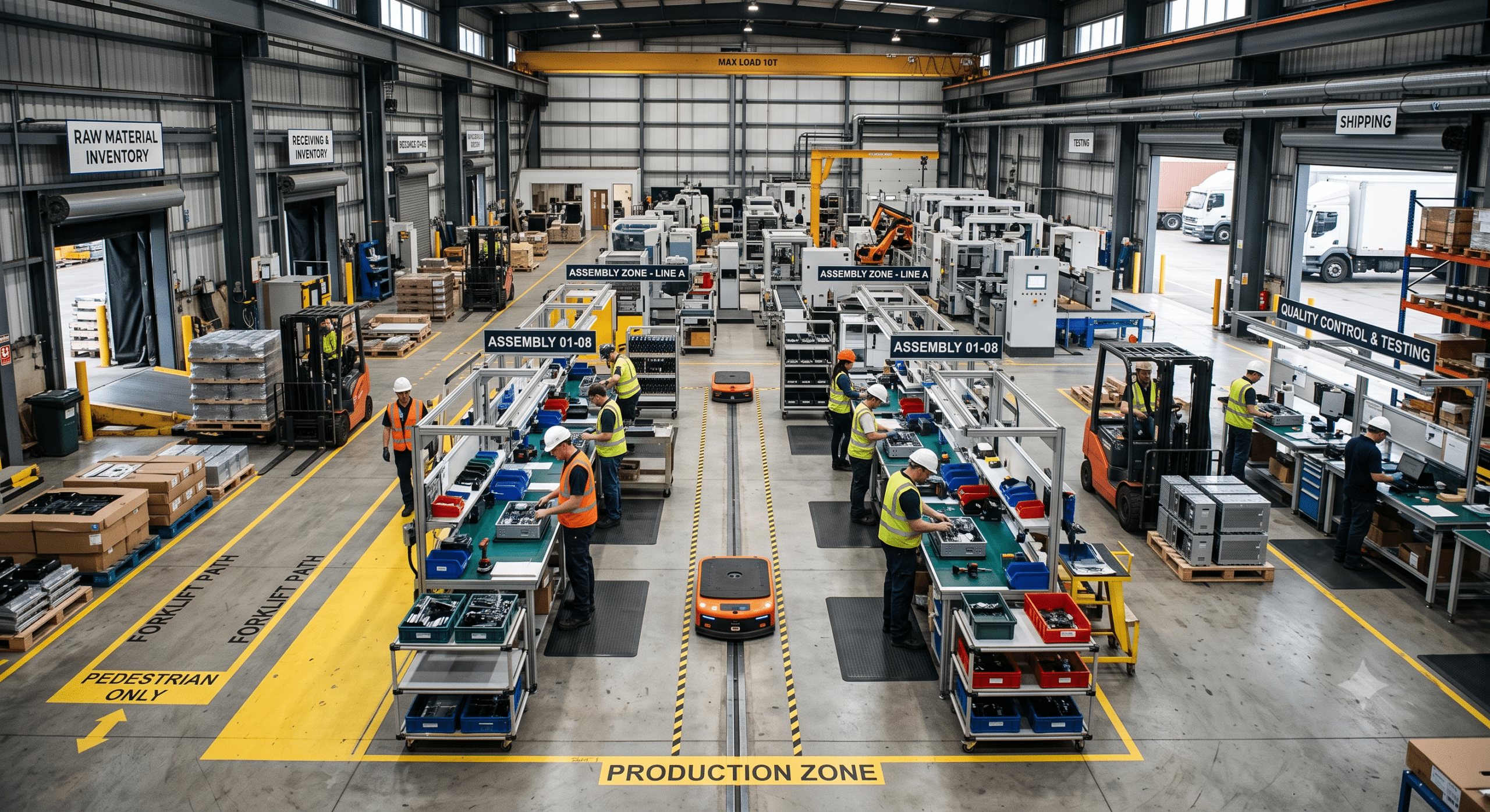 Factory layout design showing organized production zones, assembly lines, forklifts, pedestrian paths, and material handling areas