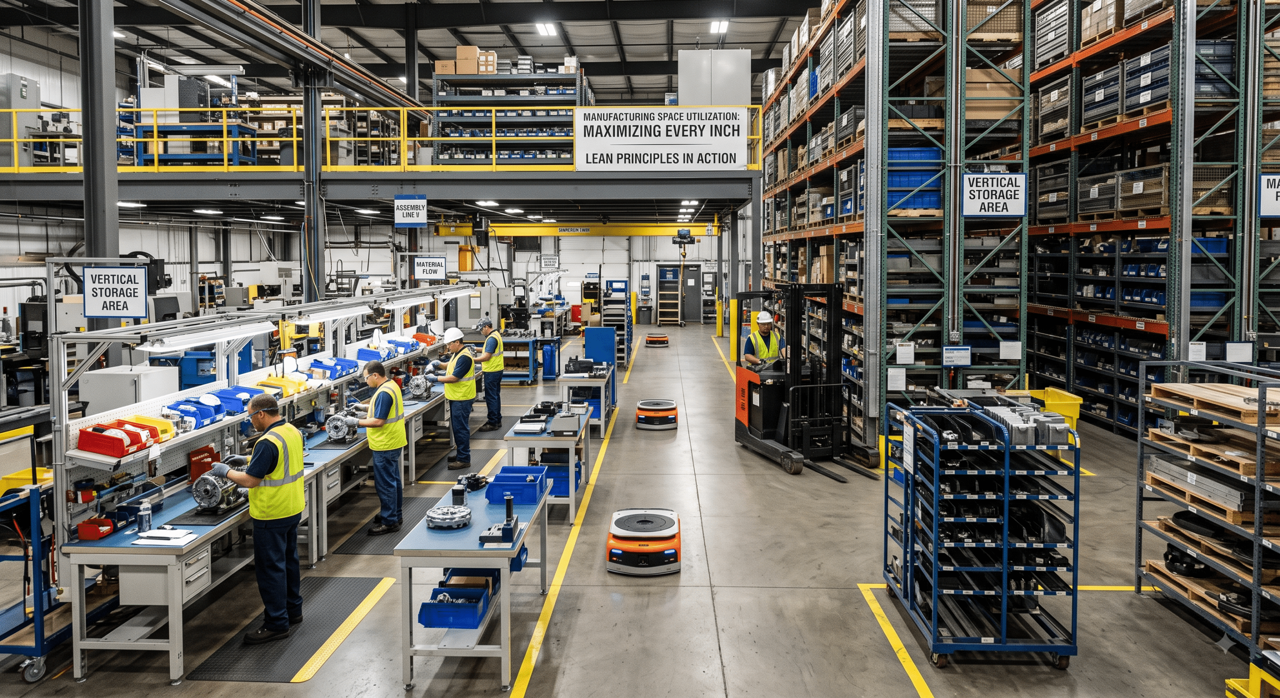 Manufacturing space utilization with lean production workstations, vertical storage, automated material handling, and organized factory floor