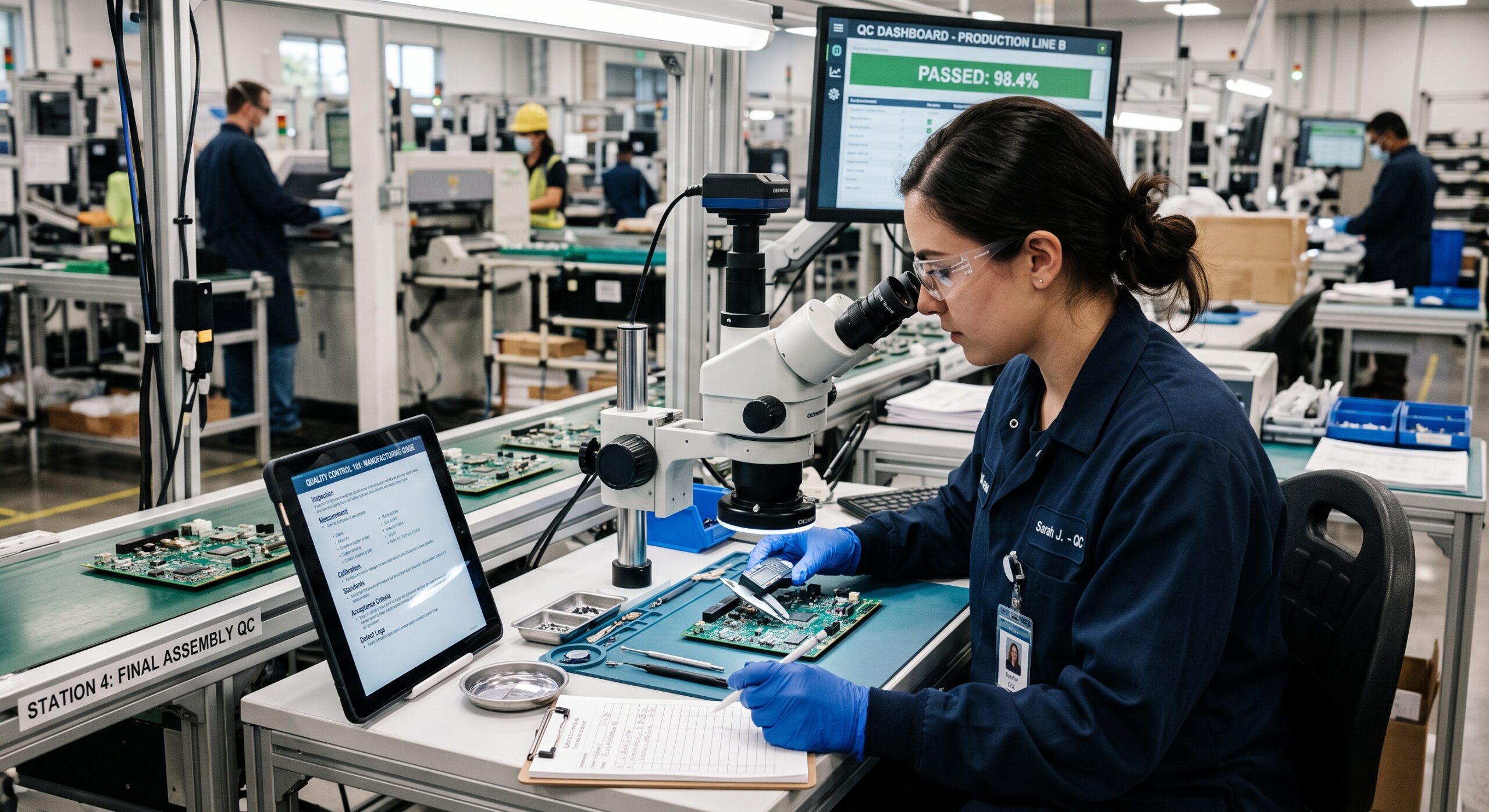 Quality control engineer inspecting electronic circuit boards on a manufacturing production line