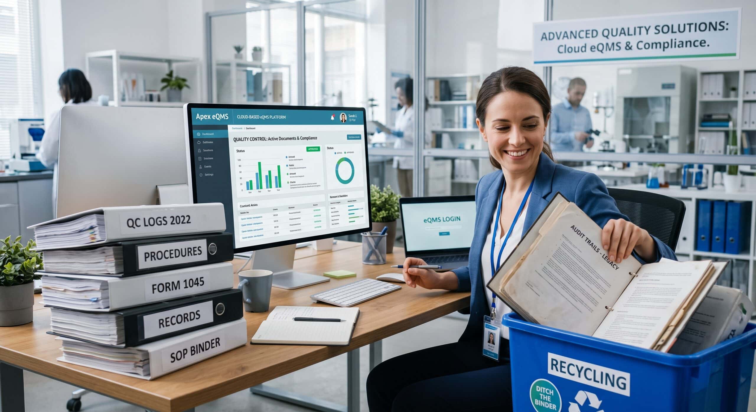 Quality management system professional reviewing eQMS compliance records, audit trails, procedures, and quality control documents
