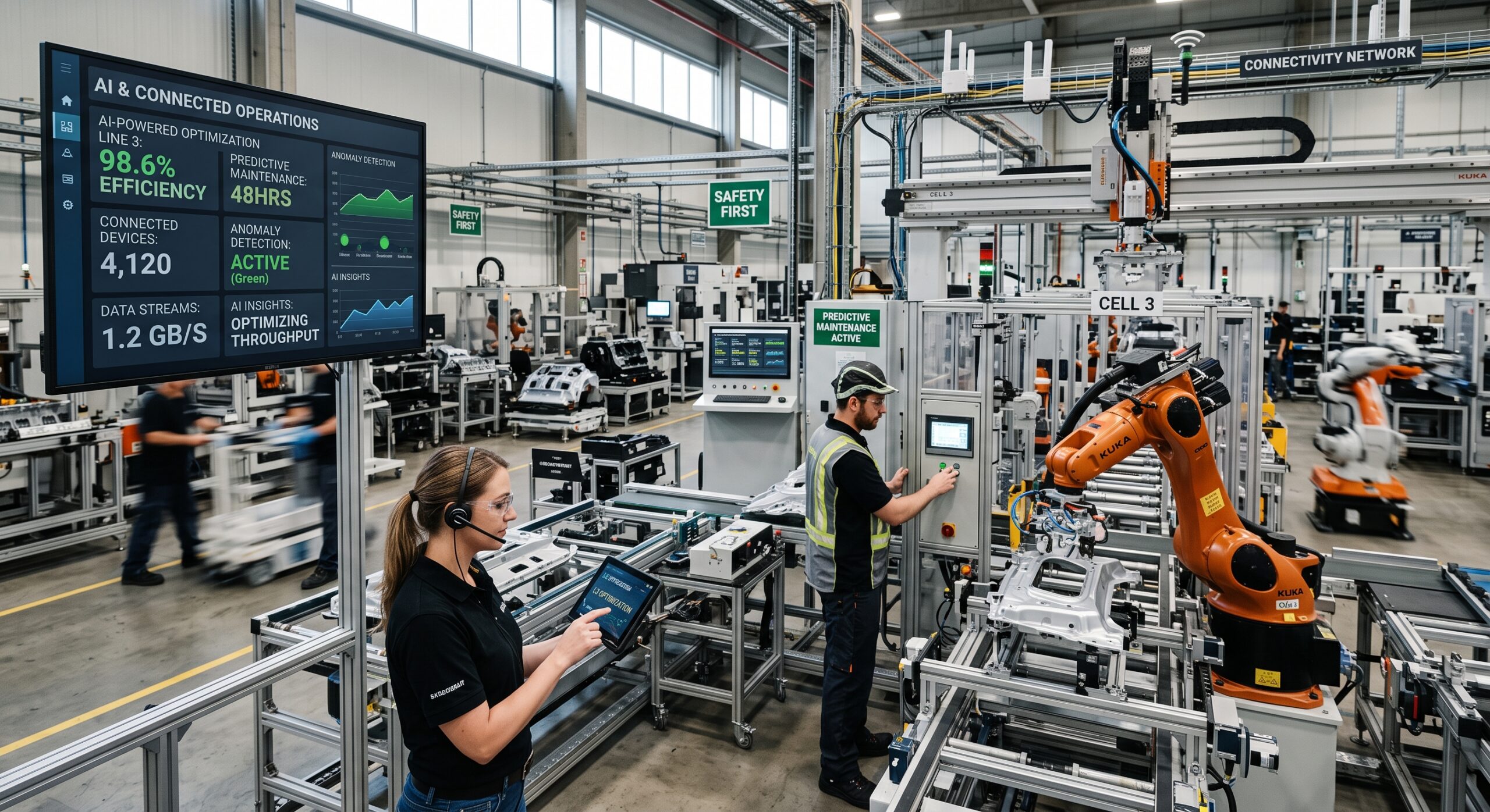 Plant technician viewing an AI dashboard for connected factory systems next to a robotic arm on the line.