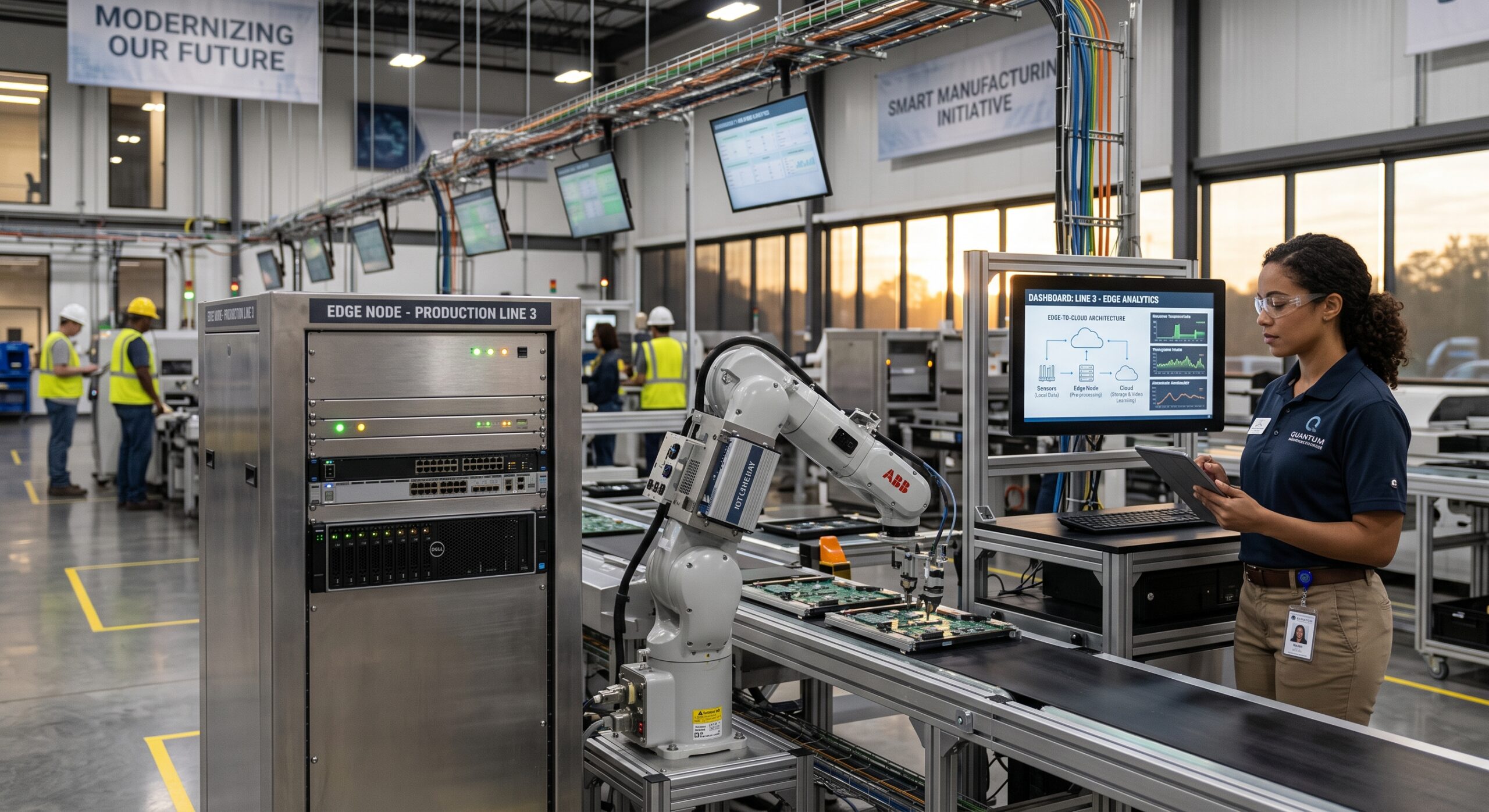 Edge node server rack and robotic arm on a smart factory line, with an edge computing manufacturing dashboard on screen