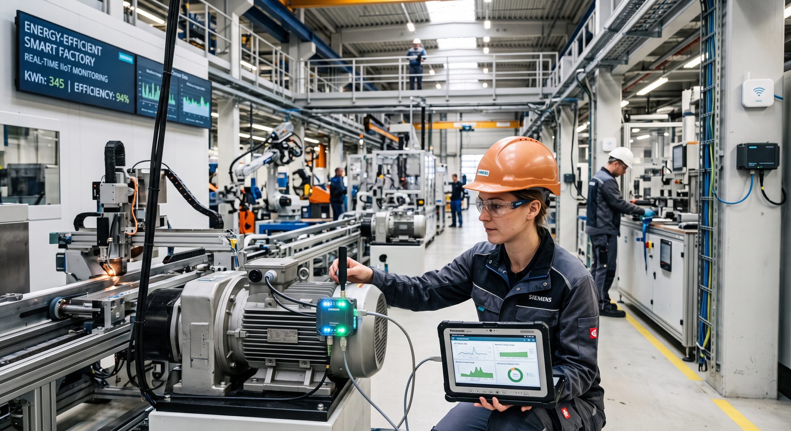 Engineer installing an industrial IoT sensor on a factory motor to monitor energy efficiency in real time