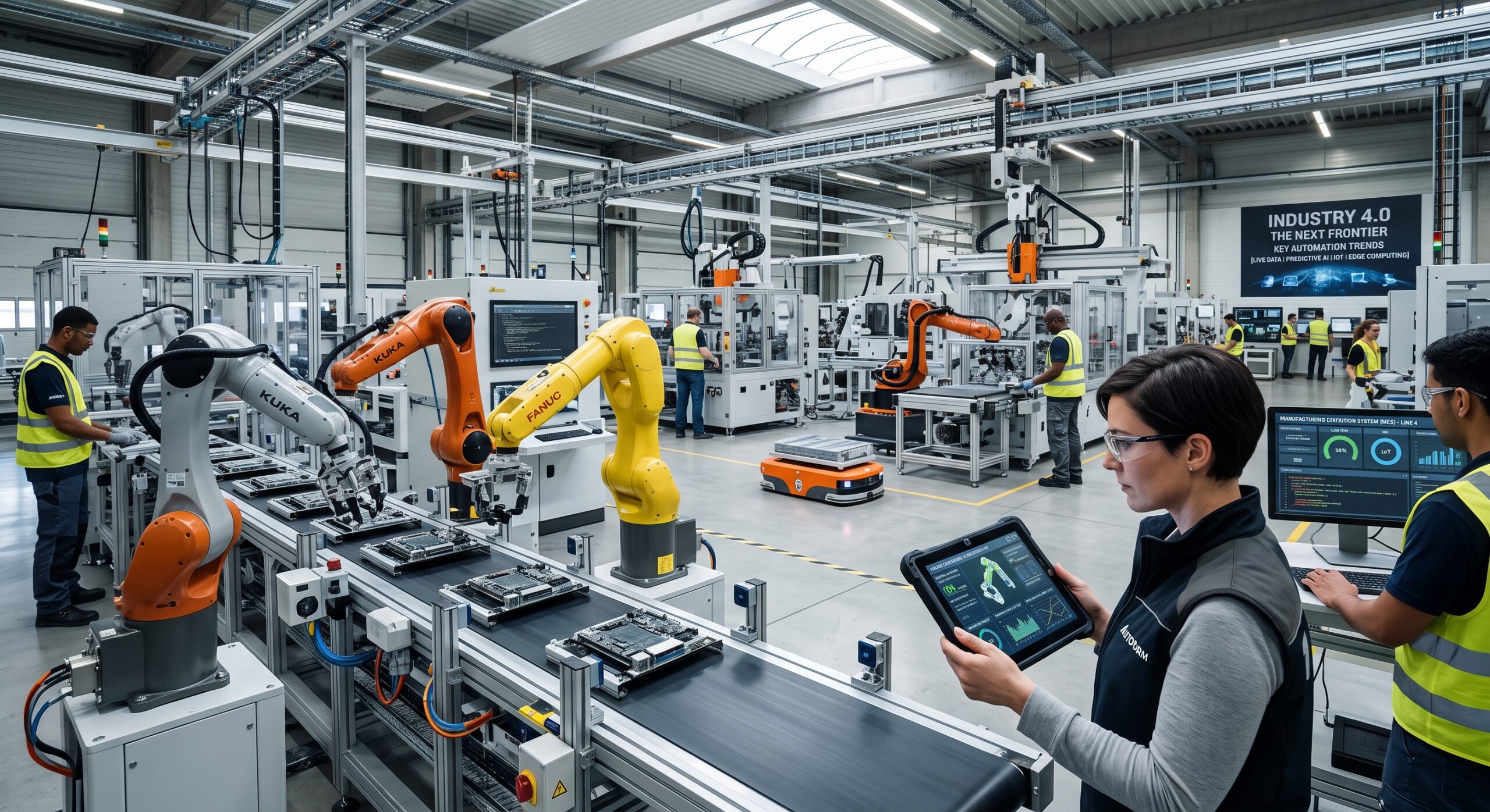 Smart factory floor with industrial robotic arms and a technician reviewing automation data on a tablet, showing key industrial automation trends in action