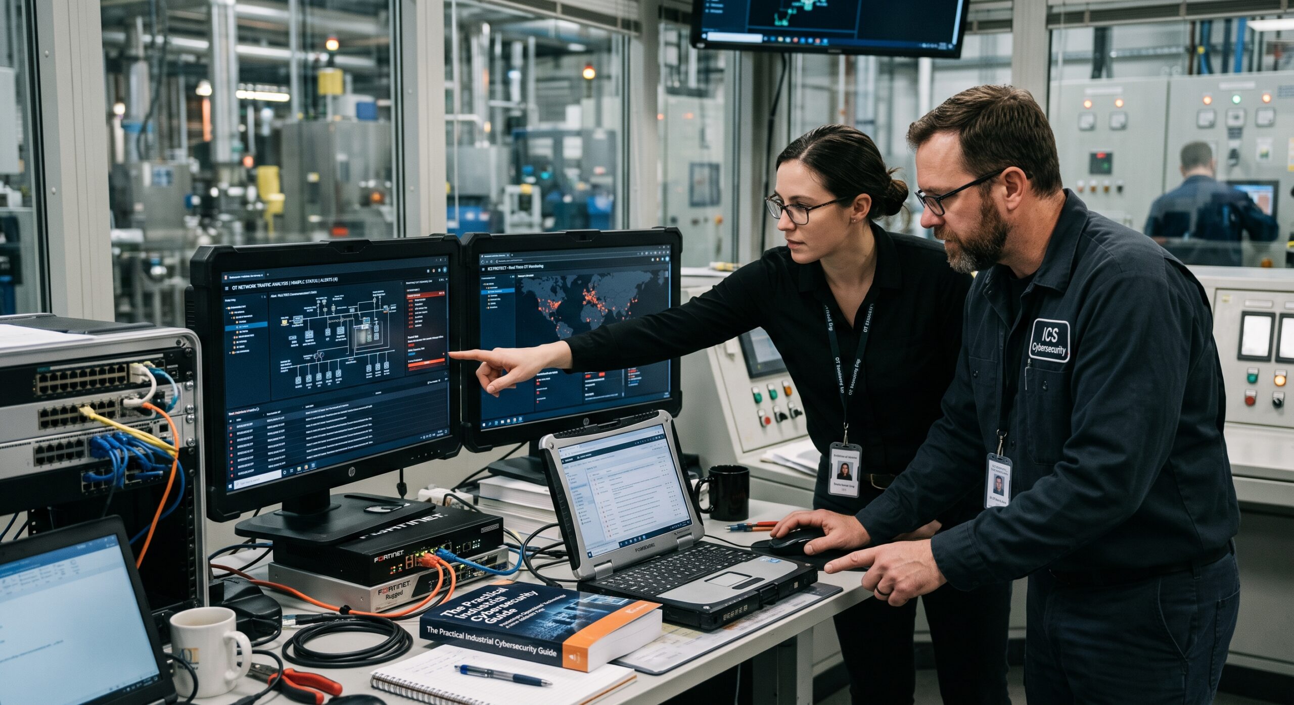 IT security analyst and OT engineer reviewing the industrial cybersecurity guide beside live OT monitoring dashboards