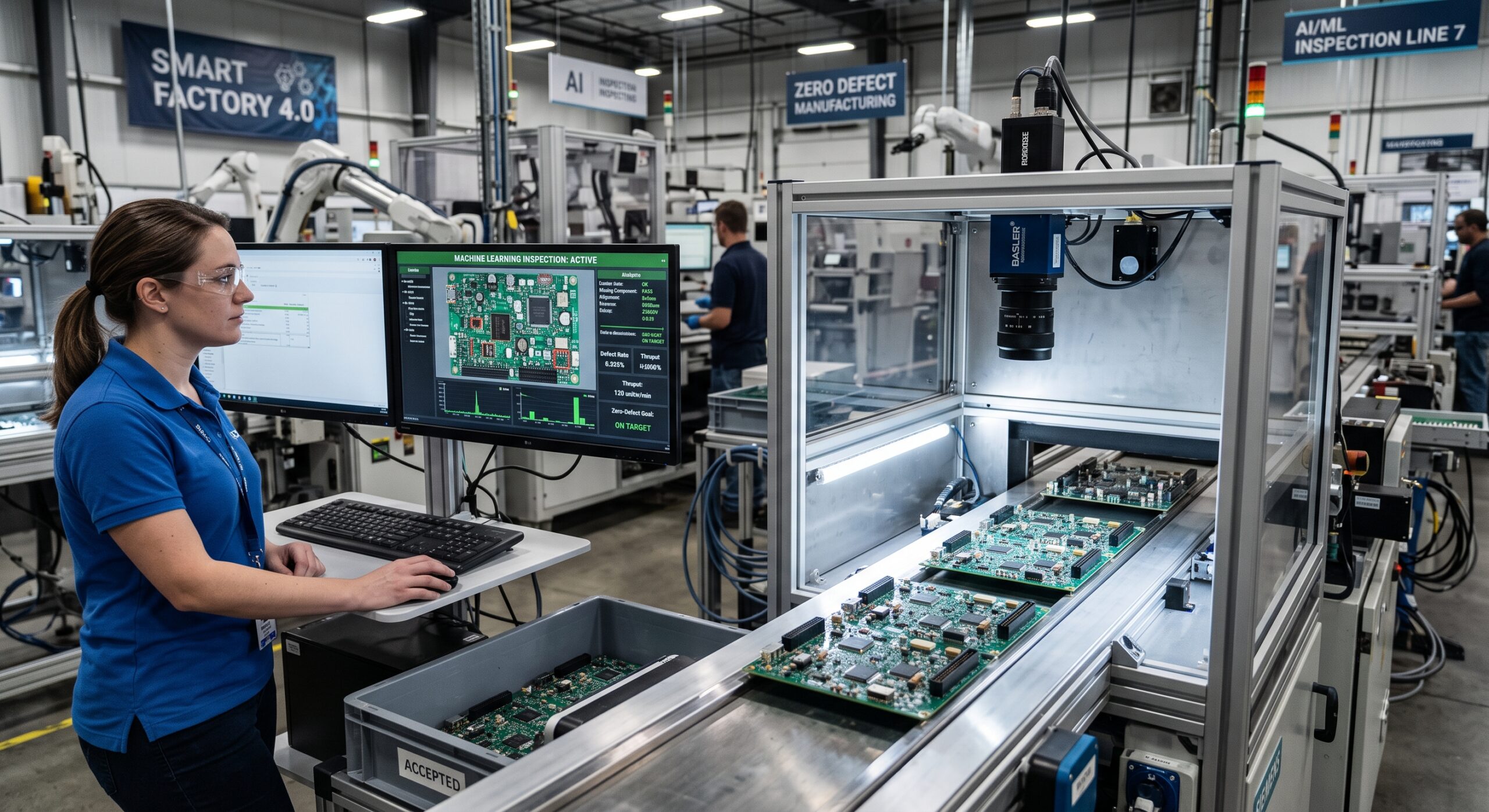 Machine learning manufacturing engineer reviewing a real time defect detection dashboard on a PCB assembly line