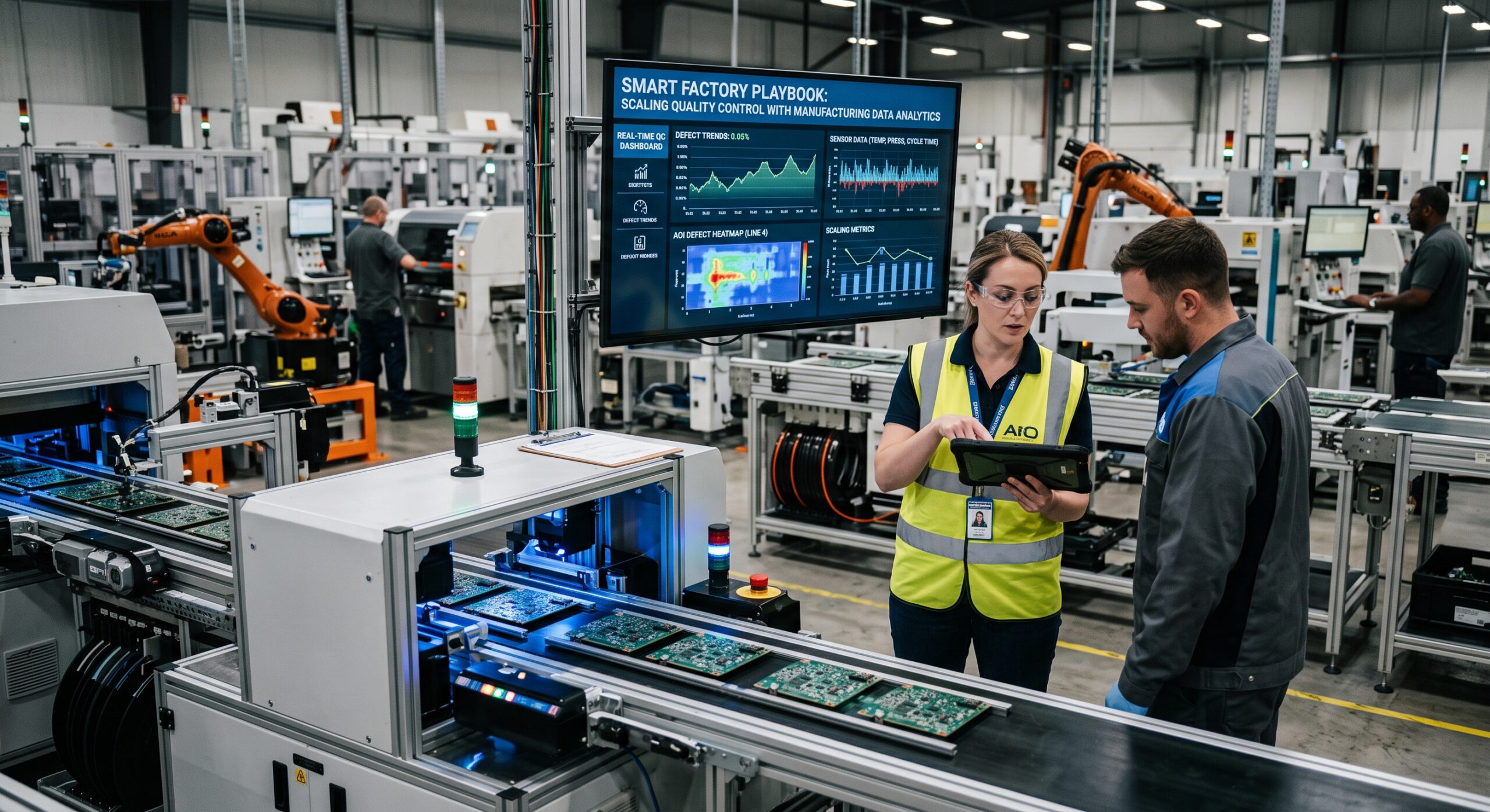 Manufacturing data engineer and line technician reviewing a real-time manufacturing data analytics dashboard on a smart factory production line