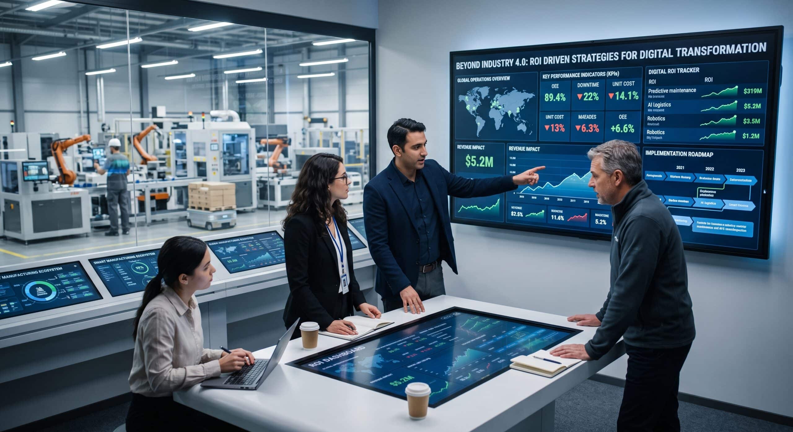 CTO and CIO reviewing an ROI dashboard for manufacturing digital transformation on a smart factory floor