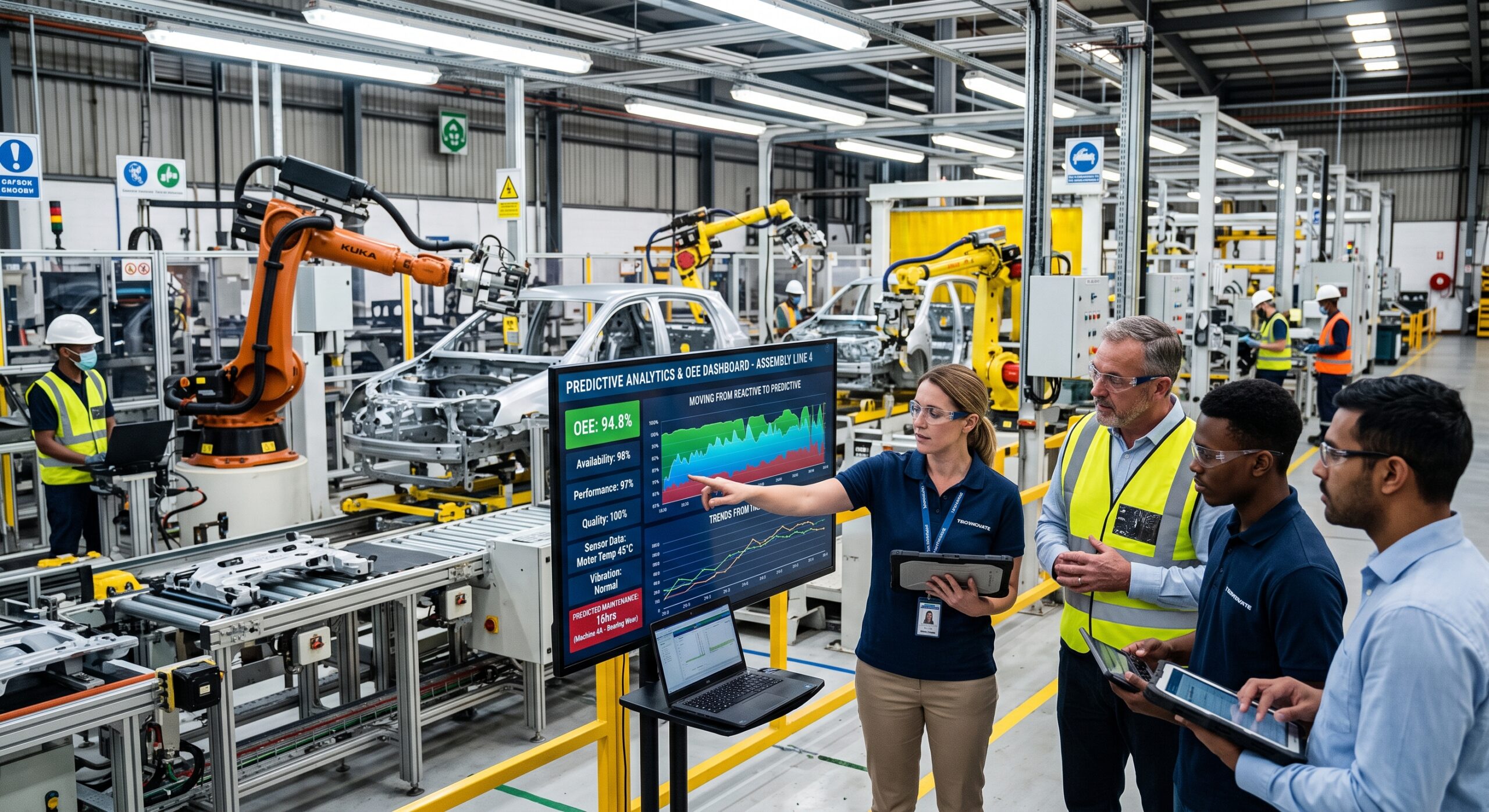 Plant team reviewing a predictive analytics manufacturing dashboard showing OEE, availability, and a bearing wear alert on an auto assembly line