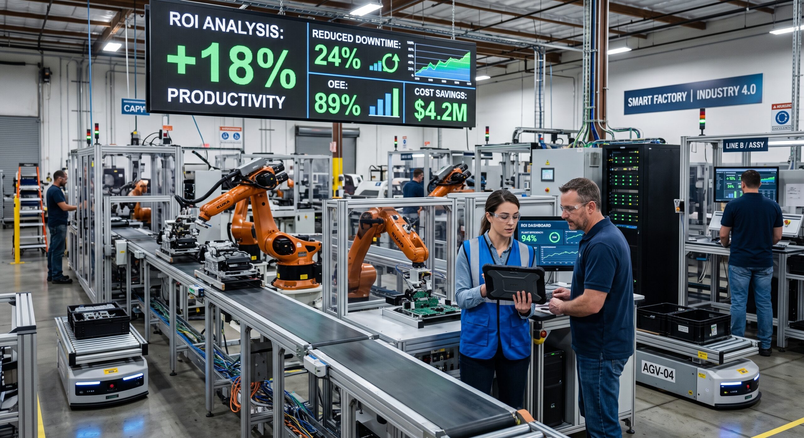 Smart factory implementation dashboard showing 18% productivity growth and $4.2M cost savings on a robotic assembly line