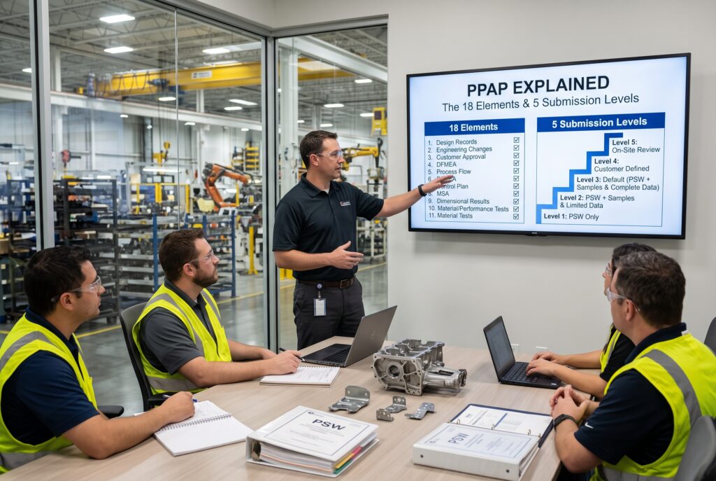 PPAP training session explaining the 18 elements and 5 submission levels in a manufacturing facility.