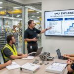 PPAP training session explaining the 18 elements and 5 submission levels in a manufacturing facility.