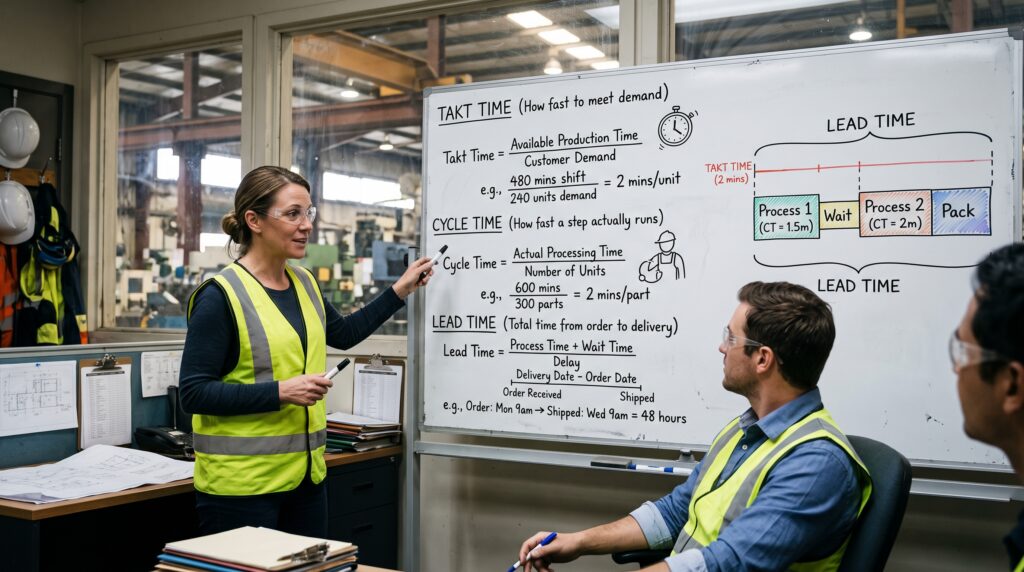 Takt time, cycle time, and lead time explained on a whiteboard in a manufacturing facility.