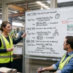 Takt time, cycle time, and lead time explained on a whiteboard in a manufacturing facility.
